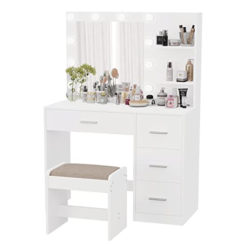 Rovaurx Makeup Vanity Table Set With Lighted Mirror, Makeup Vanity With Storage Shelf And 4 Drawers, Bedroom Dressing Table, Cushioned Stool & 10 Led Lights, White Rszt104Wd #TOP4