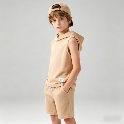 Image of Size 6-12 Years Boys Summer Clothes Hooded Sleeveless Tank Tops Workout Shorts 2 Piece Set Fashion Outfits