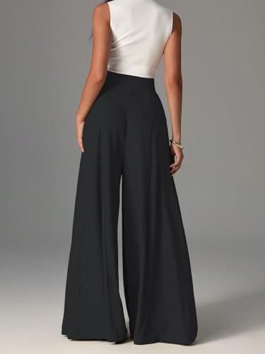 Image of Shasmi Women's Elegant High Waist Wide Leg Pants - Textured Solid Color Loose Fit Long Trousers | Casual Beach & Airport Outfit | Lightweight Flowy Palazzo Style (Trouser 259)