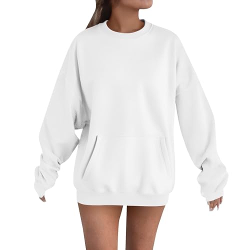 Sweatshirts for Women UK Oversized Casual Crewneck Pullover Autumn Winter Ladies Long Sleeve Solid Color Baggy Loose Tops Fashion Soft Comfy No Hood Sweatshirt with Pocket White
