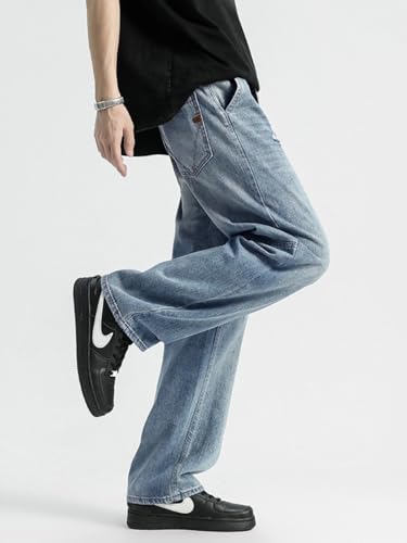 Jeans Pants Trousers Denim Street Light Color Punched Loose Straight Leg Wide Drop Feel Versatile Casual Men's Spring2