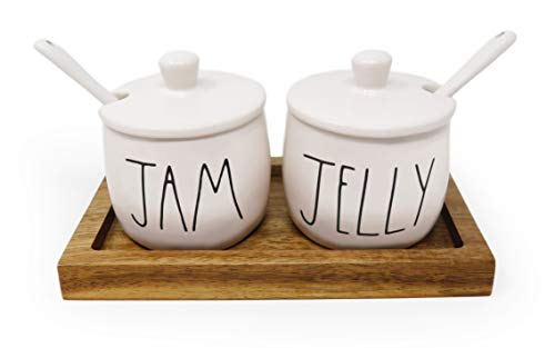 Rae Dunn By Magenta JAM JELLY Ceramic LL Condiment Pots Container Jars With Lids Serving Spoons & Wood Tray 2020 Limited Edition
