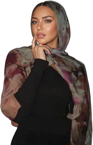 ANKOMINA Women's Watercolor Floral Print Hijab Scarf Soft Muslim Head Wraps Shawls Fahion Islamic Long Scarves