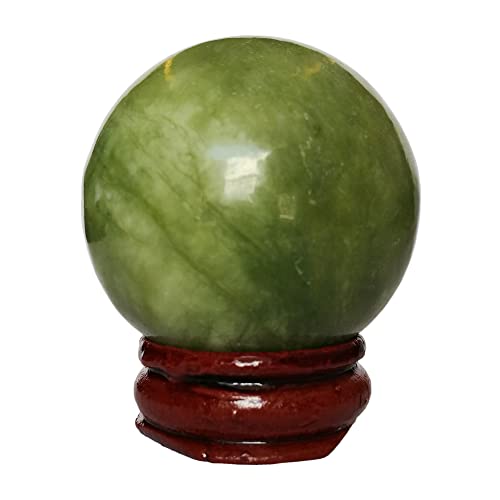 Bacatgem 40Mm Green Jade Healing Crystal Divination Sphere Sculpture Figurine Gemstone Ball,Feng Shui Chakra Aura Home Desk Decor Decorative Collection,With Wooden Stand #TOP28