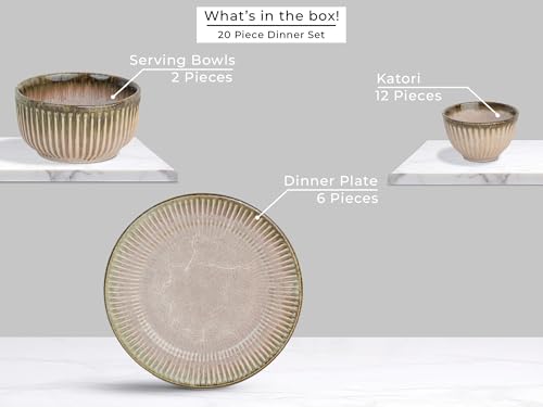 Image of Bodhi House Premium 20-Piece Stoneware Dinner Set Serving for 6 - Handcrafted Ceramic Plates, Bowls & Serving Bowls | Microwave & Dishwasher Safe | Elegant Modern Tableware Crockery Petal Pink