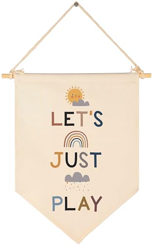 Let‘s Just Play -Canvas Hanging Flag Banner Wall Sign Decor Gift for Baby Kids Gril Boy Nursery Teen Room Front Door - Sun,Rainbow, Dark Clouds, Rains