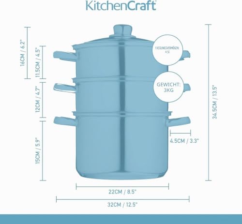 KitchenCraft 3 Kochtopf Set, Dampfgarer/Suppentopf Steamer 3-stufig, Induktionssicher, Edelstahl, in Geschenkbox, 22 cm (9''), Silber – Ansicht 2