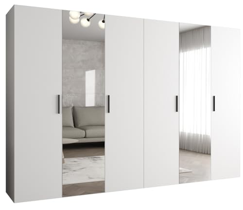 ABIKSMEBLE - Armario para Ropa - 300 x 202 x 52 cm - Armario con Barra y Espejo, 6 Puertas - para Dormitorio, Pasillo - Andrew, Blanco, Tirador Negro