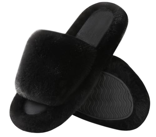 Ankis Womens’s Slippers Comfy Memory Foam House Open Toe Fuzzy Slipper Plush Indoor Outdoor Slide Furry Platform Fur Lined Shoes