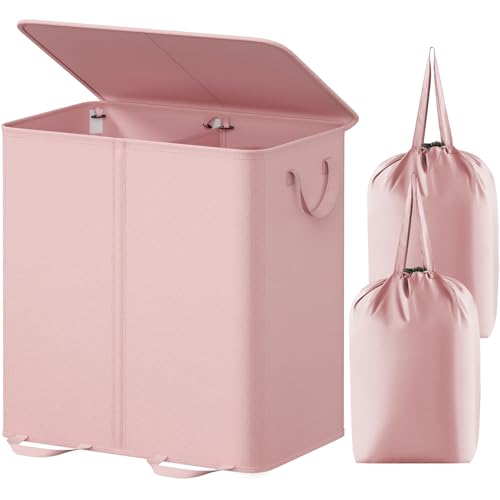Image of Lifewit Double Laundry Hamper with Lid and Removable Laundry Bags, Large Collapsible 2 Dividers Dirty Clothes Basket with Handles for Bedroom, Laundry Room, Closet, Bathroom, College, 136L Pink