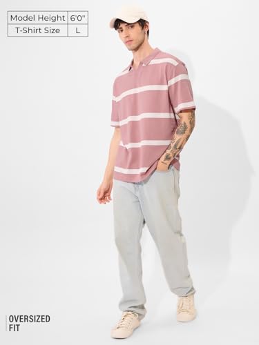 Image of The Souled Store Quartz Men and Boys Short Sleeves Collared Neck Pink and White Striped Oversized Textured Polos