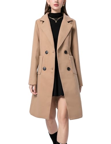 Sukany Women's Winter Wool Blend Coat Notched Collar Double Breasted Lapel Mid Long Jacket Outwear Khaki L