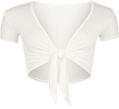 COMMENCER Women's Tie Up Front Cropped Bolero Shrugs Cardigan Ladies Short Sleeve Open Top White-S/M