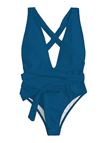 Image of Lilosy Sexy Tie Criss Cross Plunge One Piece Thong Swimsuit High Cut Brazilian Bathing Suit