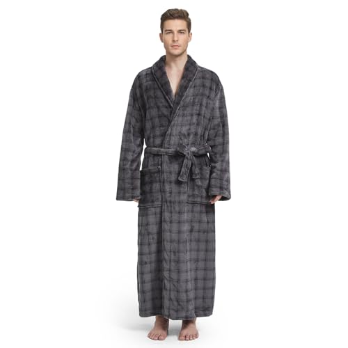 Men's Fleece Plush Bathrobe Full Length Big and Tall Shawl Collar Plaid Men Robe(Grey&Black, 7XL)