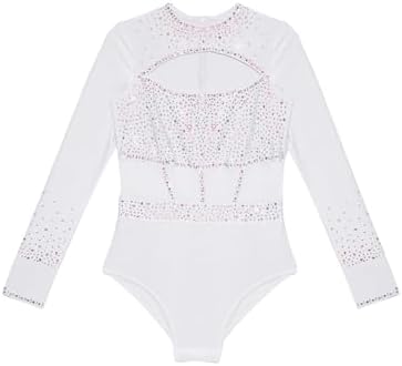 Xroufi Gymnastics Leotard for Girls Sparkle Diamond Long Sleeve Dance Bodysuit Biketard Training Practice Outfit White 8 — view 3