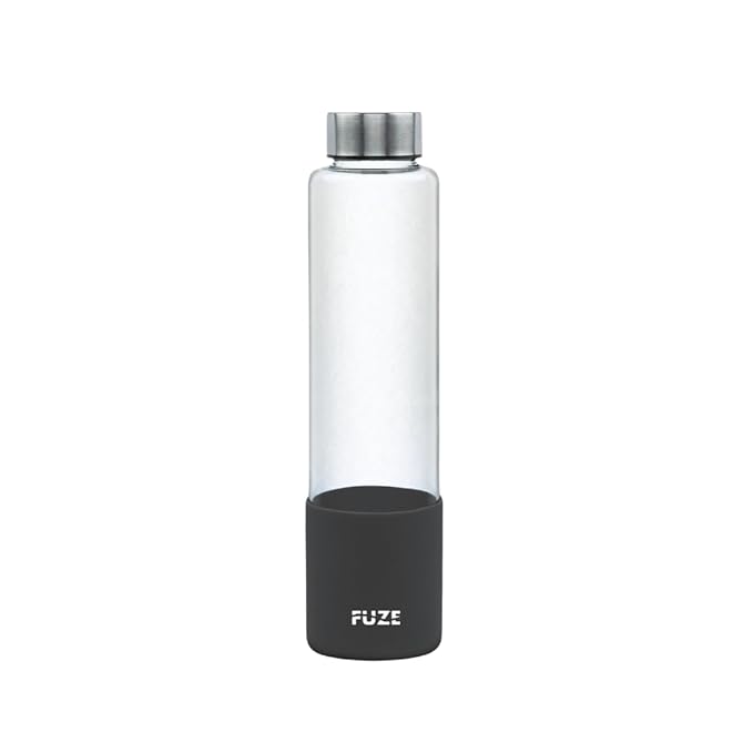 Fuze Borosilicate Glass Bottles with Aniti-Skid Silicone Sleeve | Perfect For Collge, Work & Commute | Borosilicate Glass Bottles (Black)- pack of 2