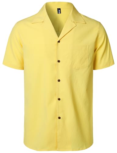 Men's Stretch Cuban Collar Shirt Summer Lightweight Short Sleeve Button Down Shirts with Pocket for Beach Vacation