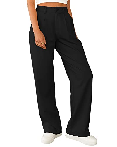 Women's Casual Straight Trousers High Waisted Button Work Office Dress Pants with Pockets (Black,Small Short)2