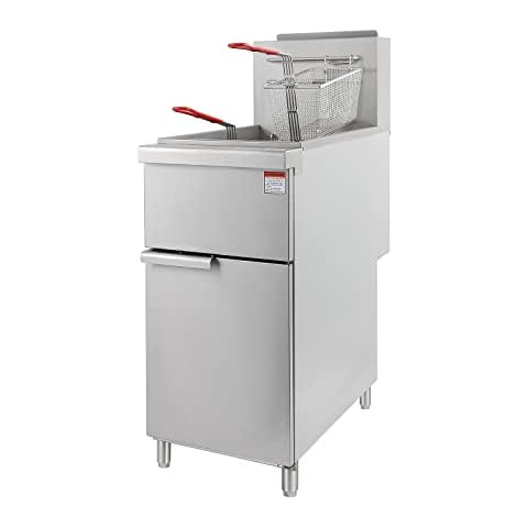HOCCOT Commercial Gas Deep Fryer with 3 Tube Burners, Stainless Steel Natural Gas Floor Fryer in 90,000 BTU, 40lb Capacity Upright Fryer w/ 2 Baskets for Restaurant Kitchen, 200℉-400℉ Adjustable Temp Cover