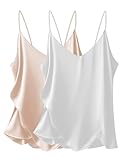 Ekouaer Women's 2 Pcs Satin Camisole Silky Pajama Tank Tops V Neck Soft Spaghetti Strap Loose Basic Sleepwear White/Champagne X-Large