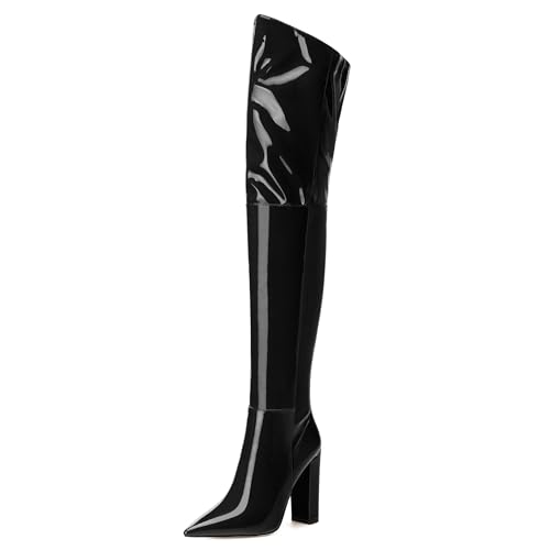 MERRORI Black Women's Thigh High Boots Pointed Toe 4.3-Inch Chunky Heel Over The Knee Boots Patent Sexy Fashion Side Zipper High Heel Boots Size 13