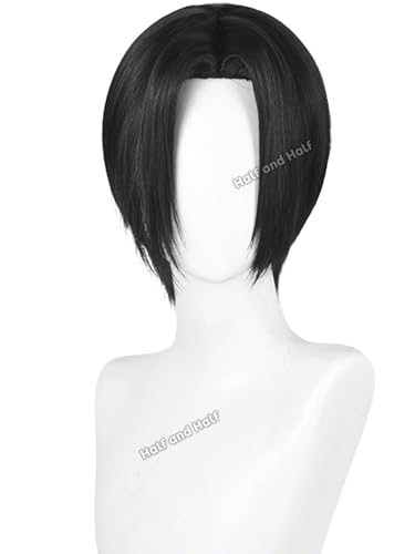 Image of Short Black Emo Wig Black Straight Anime Cosplay Wig with Bangs for Women | Black Center Part Punk Singer Costume Wigs Synthetic Hair for Halloween Party Costumes Daily