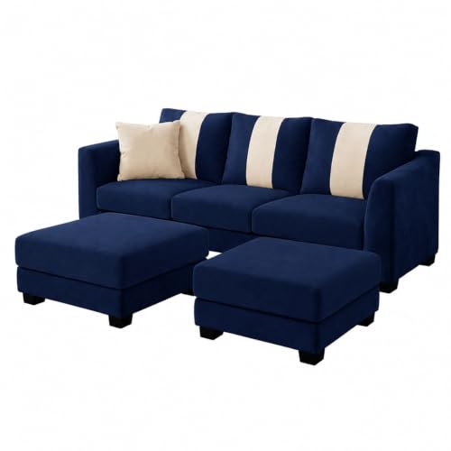 Image of Revo 5 Seater L Shape Sofa Set with 2 Movable Ottomans | Flexible Layout | Luxury Velvet Suede Fabric | Modern Living Room Sofa | Dark Blue