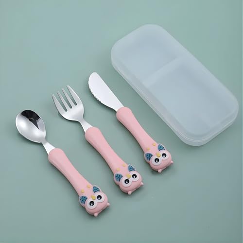 Image of Hian Kids Feeding Spoons Set with Carry Case - 304 Stainless Steel Spoon, Fork & Knife, Bird Design Handle, Easy to Carry for Lunch Box, Travel, Picnic - Pink Color, Pack of 3