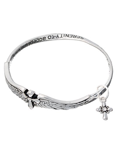 The Serenity Prayer Engraved Angel Wing with Cross Charm Twist Bangle Bracelet by Jewelry Nexus