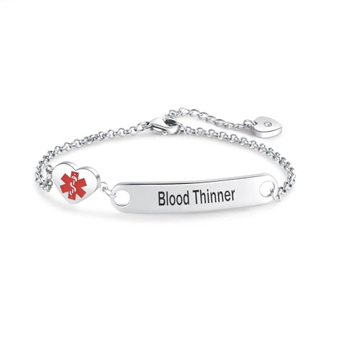 NARTGO Heart Medical Alert Blood Thinner Bracelet for Women Emergency First Aid Health Alert...