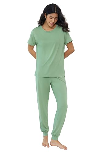 Image of Joyaria Women's Bamboo Viscose Cooling Pajamas Short Sleeve Crewneck Top & Jogger Pajama Pants with Pocket S-XXL