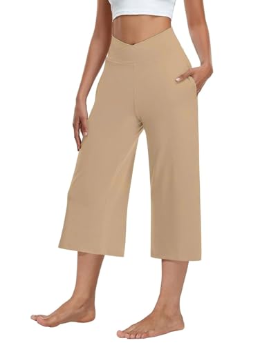 Image of Kivdol 3 Pack Womens Wide Leg Yoga Capris Crossover High Waist Casual Capri Pants Loose Soft Pajama Pockets Sweatpants