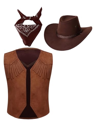 Kids Western Cowboys Cowgirls Open Front Brown Vest with Hat Carnival Party Outfit Fancy Dress Up