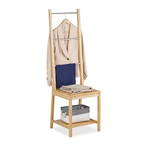 Relaxdays Valet de Chambre, en Acier Inoxydable et Bambou, H x L x P : 133 x 40 x 42 cm, Nature et argenté