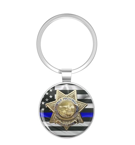 1080 Graphics California Highway Patrol - CHP Officer Badge - The Thin Blue Line Flag Edition Stainless Steel Keychain with Ring Double Sided