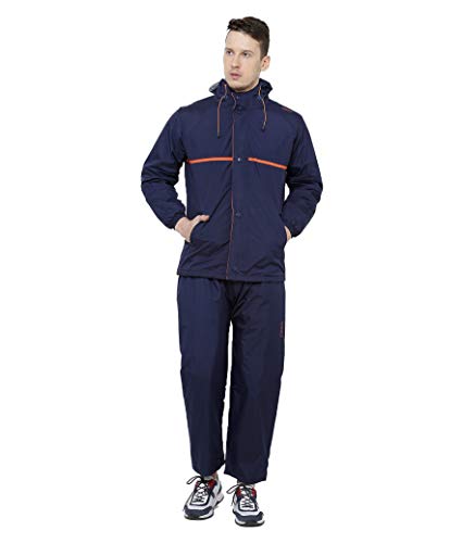 Image of ZEEL Rain Coat for Men Waterproof for Bike Riders with Adjustable Hood Along with Inner Pockets,Waterproof Raincoat with Polyester Jacket,Pants and Carrying Pouch,AZ03 Navy-Orange XXL