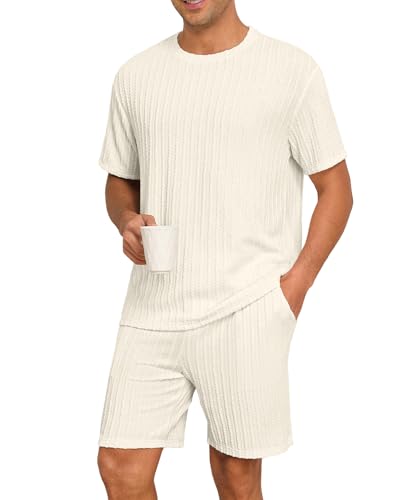 PrinStory Mens Pajamas Set Summer Pjs Sets Lightweight Short Sleeve Pajama Shorts Set Soft Sleepwear Loungewear with Pockets