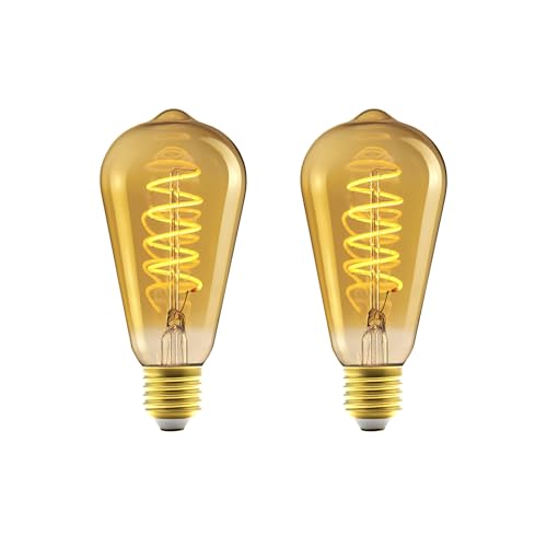 Amazon Basics Bombilla LED E27 vintage, cristal ámbar retro, ST64, 4 W (equivalente a 25 W), paquete de 2, luz ultracálida de 1800 K para decoración