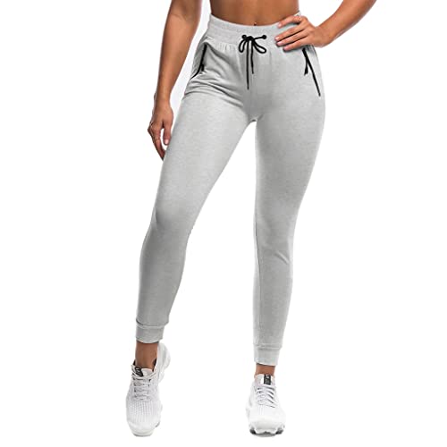 Women's Workout Jogger Sweatpants Yoga Lounge Casual Pant Cotton Tapered Sweat Pants with Zipper Pockets(GY L) Grey