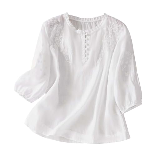 Women's Cotton Linen Button Short Sleeve Shirts Summer Loose Crew Neck Casual Boho Top Vintage Embroidered Blouse Tops