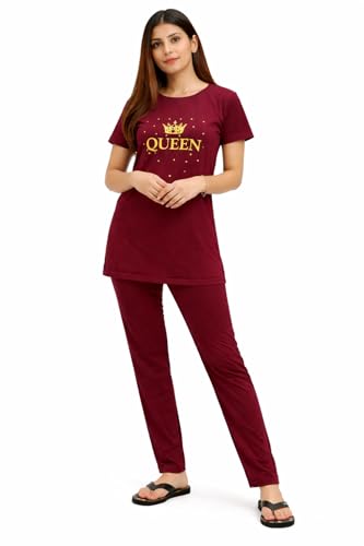 Image of KIAWAH Women's Cotton Night Suit, Long Top and Pajama Set, Round Neck, Short Sleeve,
