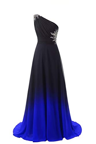 ANGELA One Shoulder Ombre Long Evening Prom Dresses Chiffon Wedding Party Gowns 14 Black Royalblue