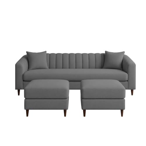 Image of Doraldo 3 Seater Sofa Set with 2 Ottoman for Living Room (Dark Grey) Premium Fabric Sofa