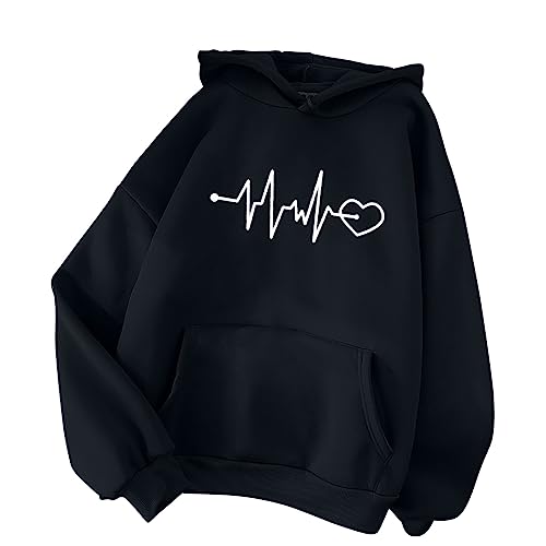 Amikadom Roupas de moletom com capuz e estampa de amor juvenil para mulheres com capuz plissado outo