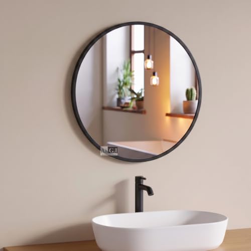 Image of Round Wall Mirror in Gold I Metal Frame Mirror I Modern Design Metal Frame Mirror in Medium Size I Bathroom Wash Basin, Bedroom, Drawing Room (Black 24 inch)