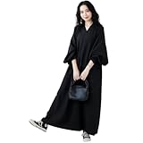 [1/2style] ワンピース v ネック 長袖 バルーン 袖 マキシ 丈 ロング 個性的 チュニック 体型 カバー レディース (黒,M)