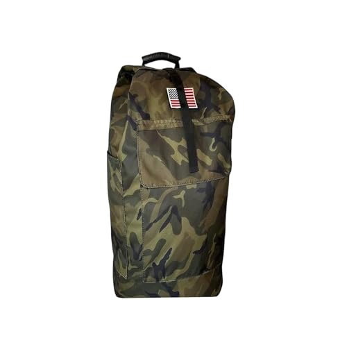 Camo Duffel Bag Backpack | Durable 1000D Polyester Backpack Multiple Compartments with 10” Expandable Top Section | Reinforced Hand Grip & Adjustable, Padded Shoulder Straps | US Flag Patch Included
