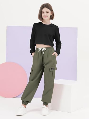 Image of SANGTREE Girls Fall Winter Clothing Sets, Girls Long Sleeve Crop Top and Cargo Jogger Pants Outfit Set,4T-14 Years