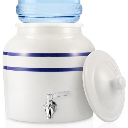 FillTouch 1 Set Ceramic Water Dispenser Crock Water Dispenser with 304 Stainless Steel Faucet Valve and Lid for 3 to 5 Gallon Jugs Porcelain Cooler for Home Office Indoor (Striped Style Blue)